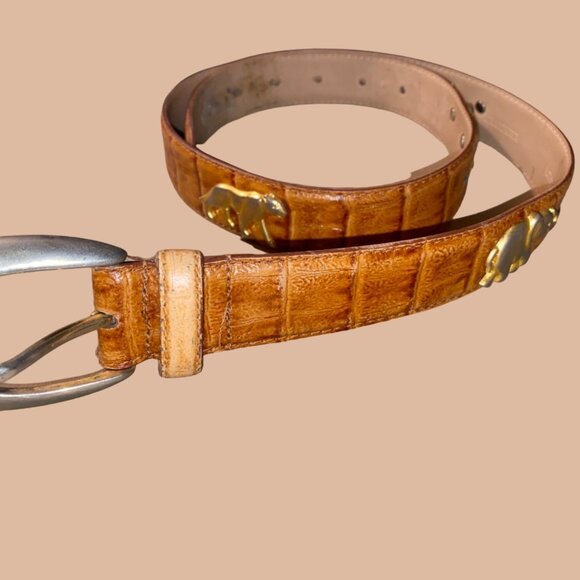 Leather Belt Tan Camel Brown 34 Small Vintage Animal Elephant Lion Metal Accent - Picture 1 of 13